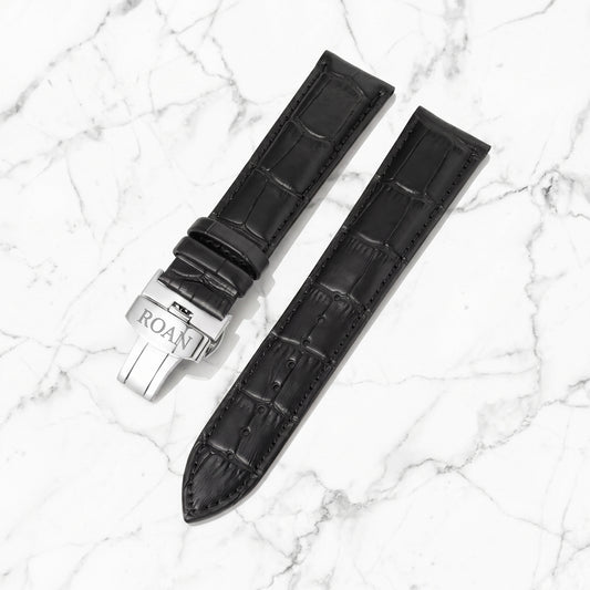 ROAN Heritage Black Alligator Grain Leather Strap with Deployant Clasp – 18mm 20mm 22mm 24mm