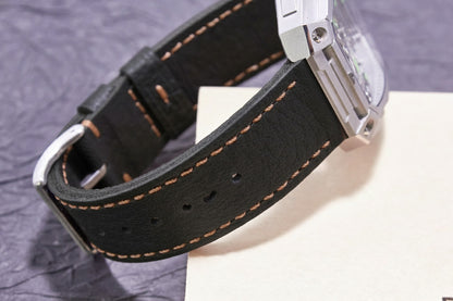 ROAN Straps  |  Black French goat leather strap -  Hand-Polished Vegetable Tanned Vintage Design（20mm 22mm 24mm)