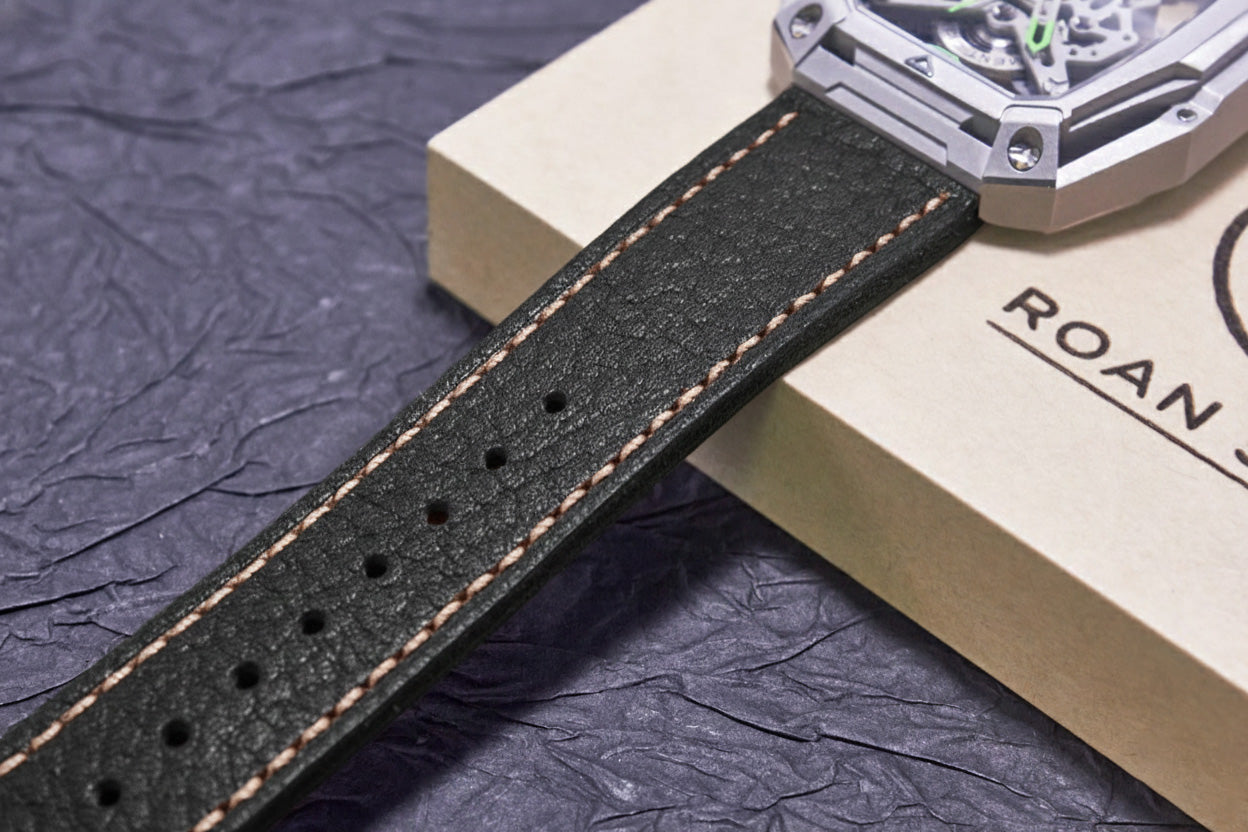 ROAN Straps  |  Black French goat leather strap -  Hand-Polished Vegetable Tanned Vintage Design（20mm 22mm 24mm)