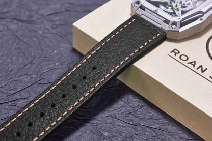 ROAN Straps  |  Black French goat leather strap -  Hand-Polished Vegetable Tanned Vintage Design（20mm 22mm 24mm)