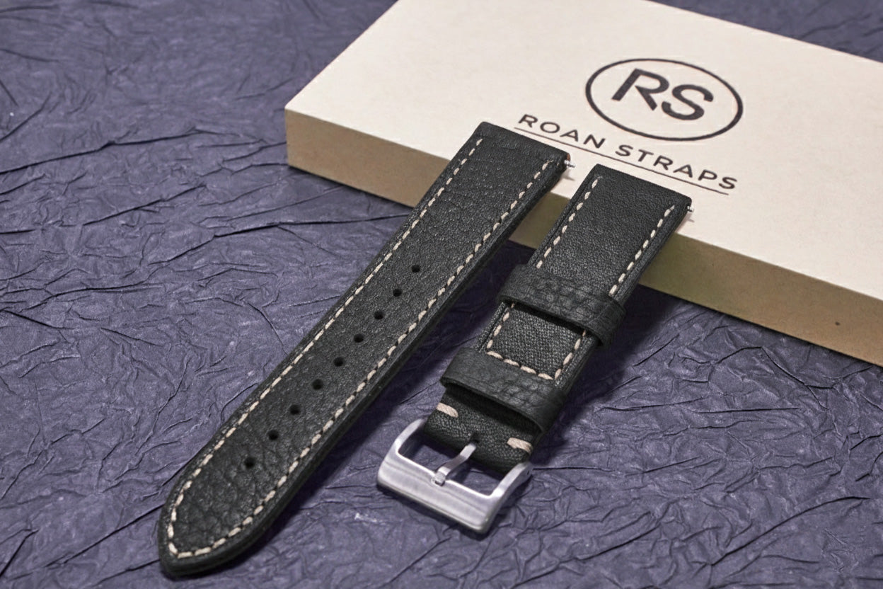 ROAN Straps  |  Black French goat leather strap -  Hand-Polished Vegetable Tanned Vintage Design（20mm 22mm 24mm)