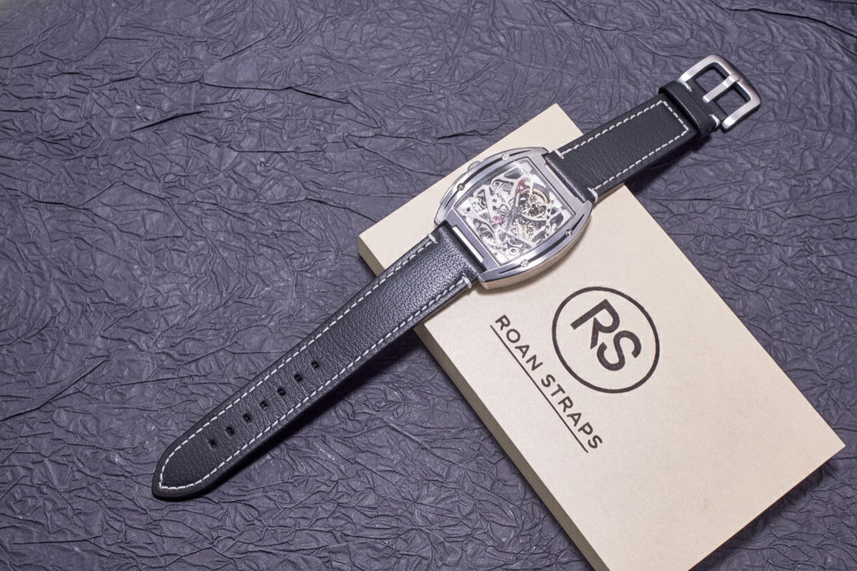 ROAN Straps | Black Italian Leather Watch Strap - Vintage Retro Design with Modern Craftsmanship（18mm 19mm 20mm 21mm 22mm 24mm)