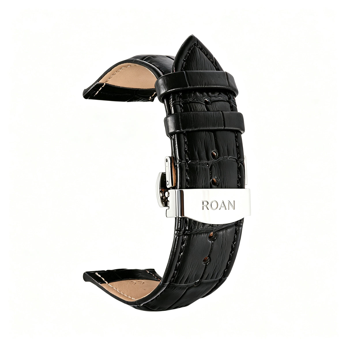 ROAN Heritage Alligator Grain Leather Strap with White Stitching & Deployant Clasp – 18mm 20mm 22mm 24mm