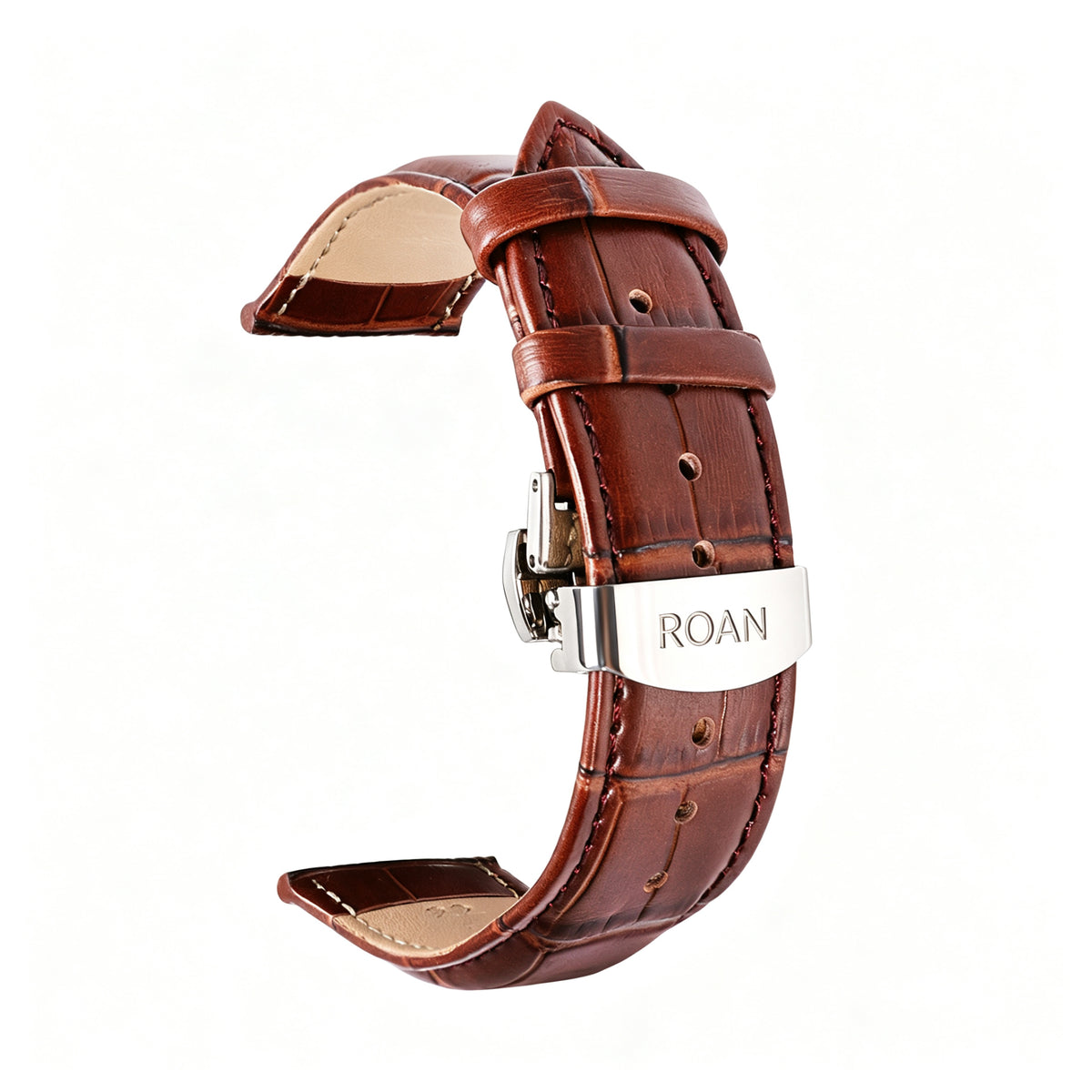 ROAN Heritage Alligator Grain Leather Strap with White Stitching & Deployant Clasp – 18mm 20mm 22mm 24mm