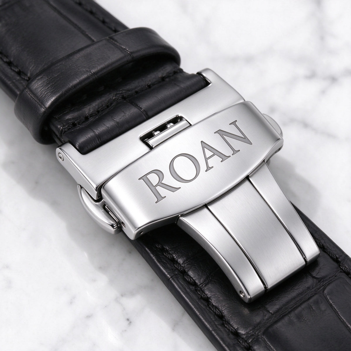 ROAN Heritage Black Alligator Grain Leather Strap with Deployant Clasp – 18mm 20mm 22mm 24mm