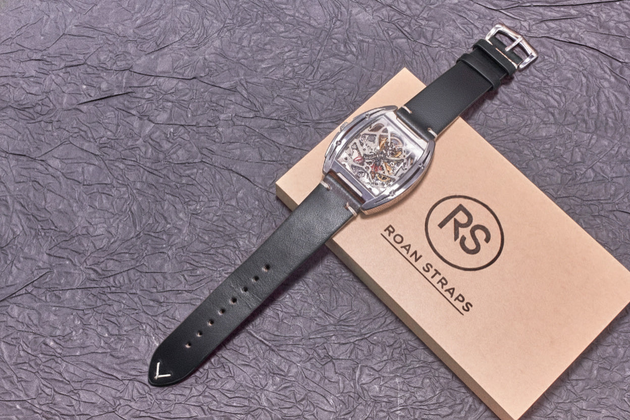 ROAN Straps | Black Handmade Crazy Horse Leather Watch Strap,Vintage Genuine Leather Band（ 18mm 19mm 20mm 21mm 22mm 24mm）