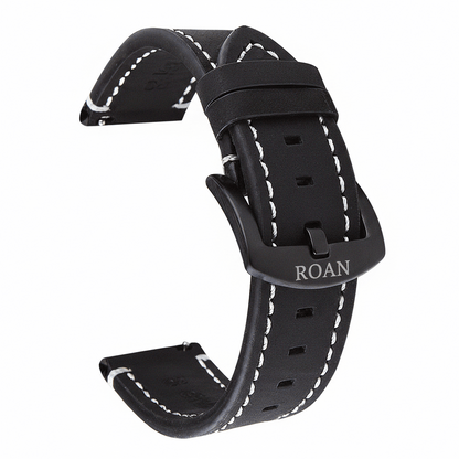 ROAN Straps | Black Italian Leather Watch Strap - Vintage Retro Design with Modern Craftsmanship（18mm 19mm 20mm 21mm 22mm 24mm)