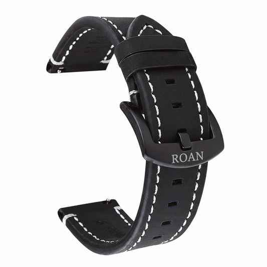 ROAN Straps | Black Italian Leather Watch Strap - Vintage Retro Design with Modern Craftsmanship（18mm 19mm 20mm 21mm 22mm 24mm)