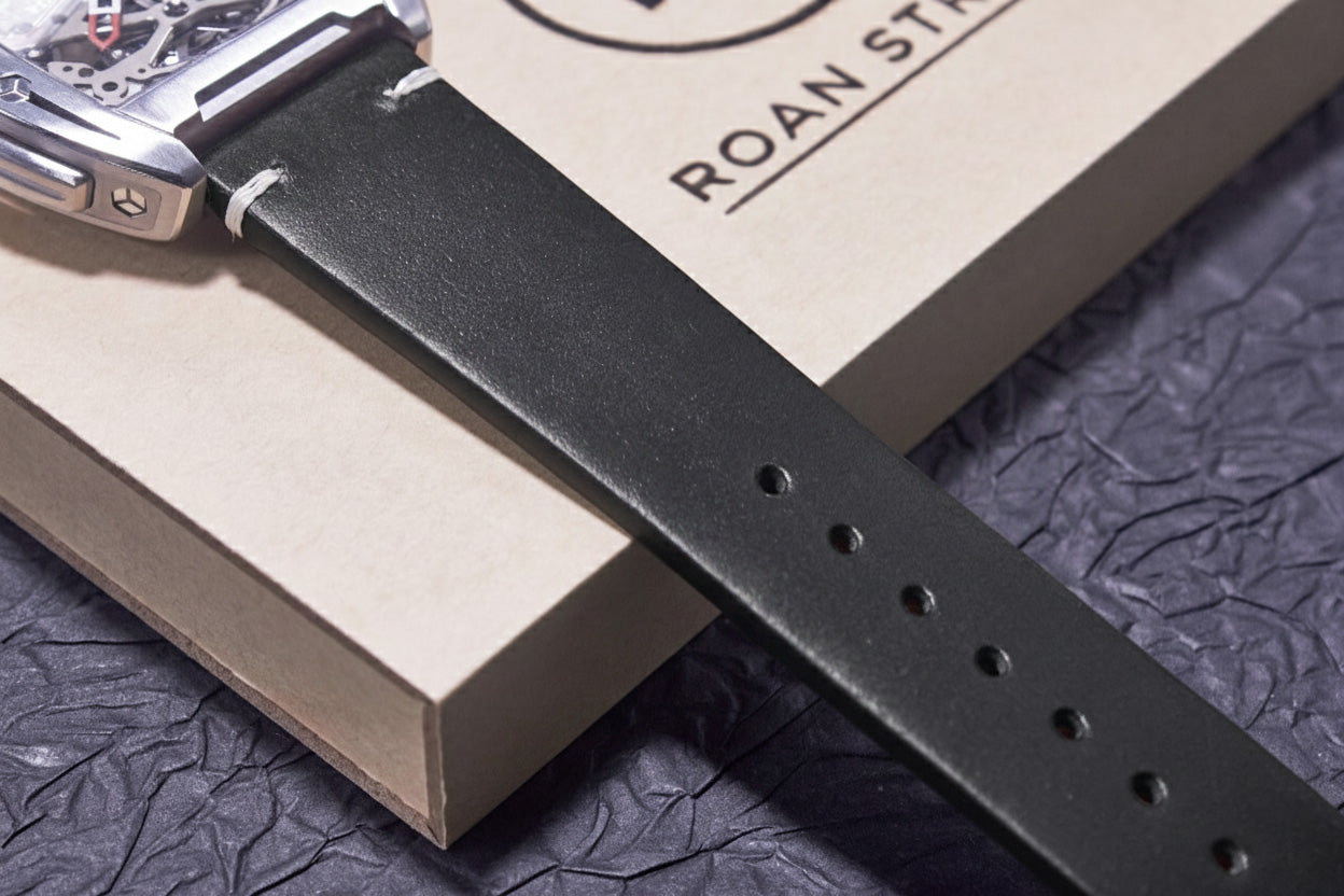 ROAN Straps | Black Handmade Crazy Horse Leather Watch Strap,Vintage Genuine Leather Band（ 18mm 19mm 20mm 21mm 22mm 24mm）