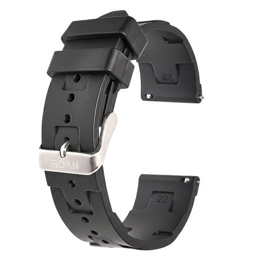 ROAN Straps | Black "Link-Style" FKM Rubber Watch Strap - Solid Three-Link Design - Waterproof & Dust-Resistant Premium Fluoroelastomer (19mm-24mm)