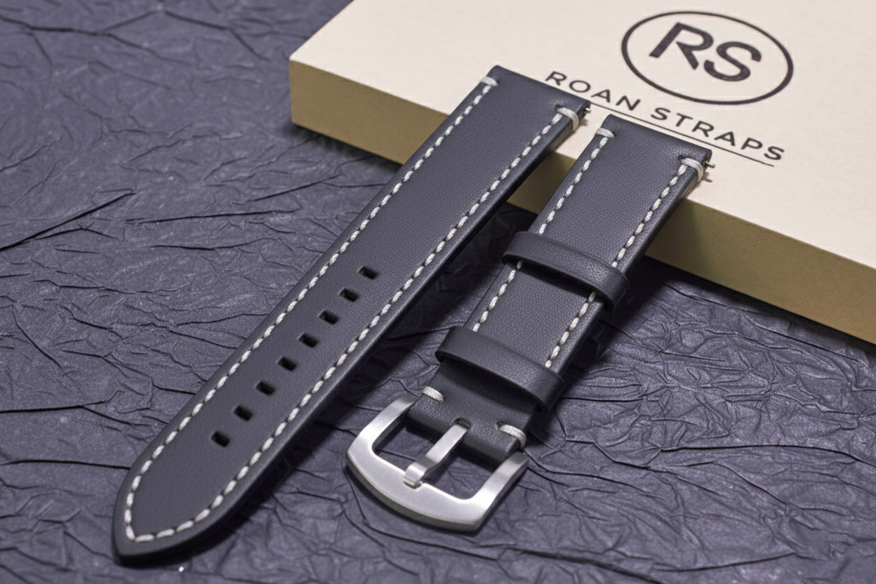 ROAN Straps | Black Italian Leather Watch Strap - Vintage Retro Design with Modern Craftsmanship（18mm 19mm 20mm 21mm 22mm 24mm)