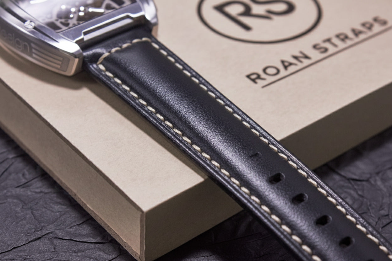 ROAN Straps  |  Black Italian Calfskin Watch Strap - Artisan Tanned & Hand-Finishe（18mm 19mm 20mm 21mm 22mm）
