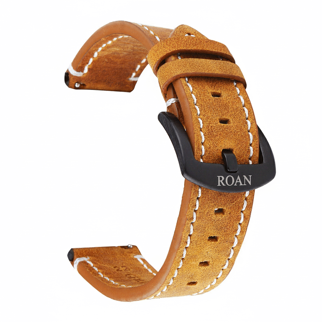ROAN Straps | Black Italian Leather Watch Strap - Vintage Retro Design with Modern Craftsmanship（18mm 19mm 20mm 21mm 22mm 24mm)