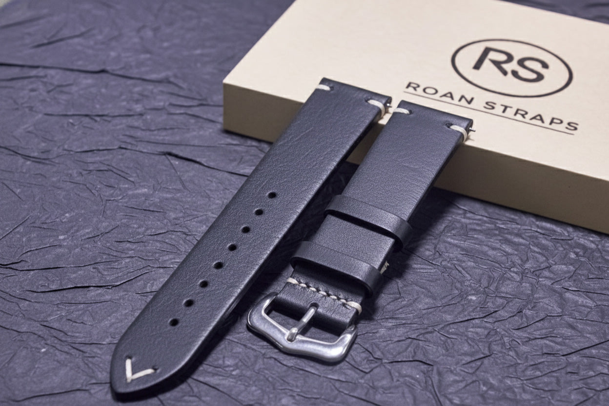 ROAN Straps | Black Handmade Crazy Horse Leather Watch Strap,Vintage Genuine Leather Band（ 18mm 19mm 20mm 21mm 22mm 24mm）