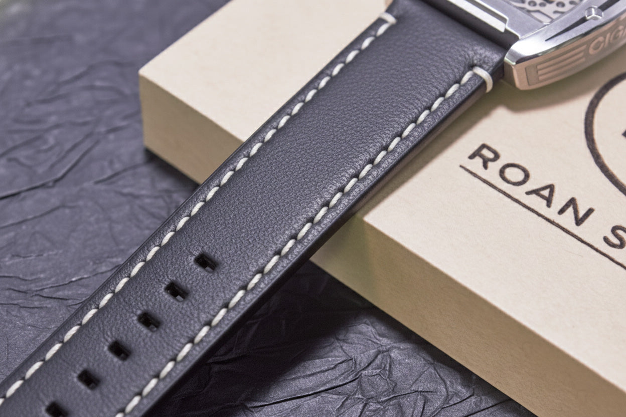 ROAN Straps | Black Italian Leather Watch Strap - Vintage Retro Design with Modern Craftsmanship（18mm 19mm 20mm 21mm 22mm 24mm)