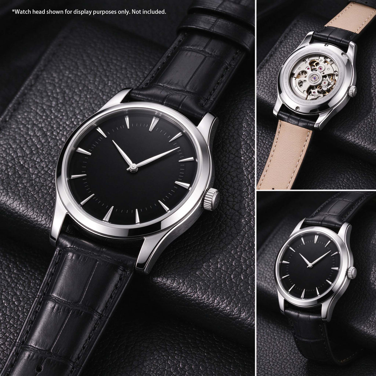 ROAN Heritage Black Alligator Grain Leather Strap with Deployant Clasp – 18mm 20mm 22mm 24mm