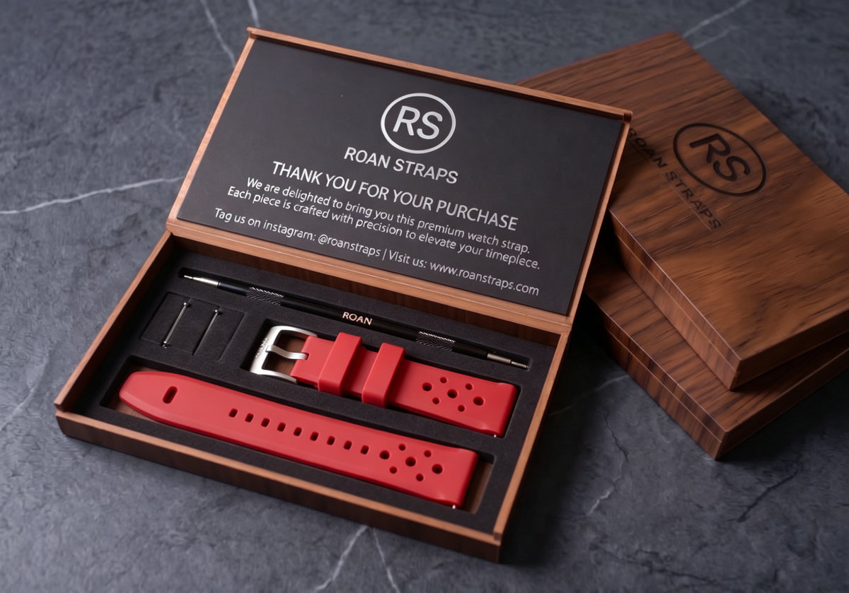 ROANSTRAPS | „Ignition Red“ – Professionelles FKM-Kautschukband in kräftigem Scharlachrot, massiver Hardware aus Grade 5 Titan (kundenspezifische Gravur)