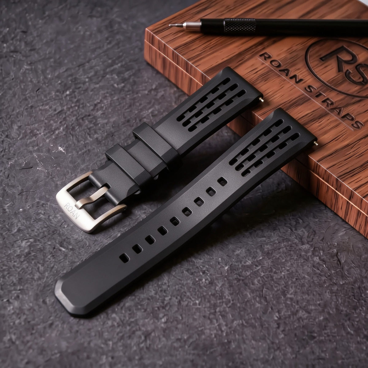 ROAN STRAPS | Pro-Vent Aerospace-Grade FKM Rubber Watch Band - Ultra-Soft & Breathable - Stealth Matte Black (20mm, 22mm)