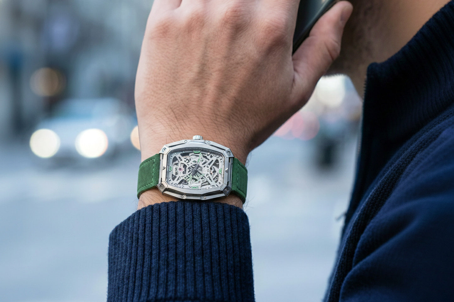 ROAN Straps | Handmade  Green Italian Leather Watch Strap with Silver Pin Buckle - Retro rugged aesthetic design(18mm 20mm 22mm)