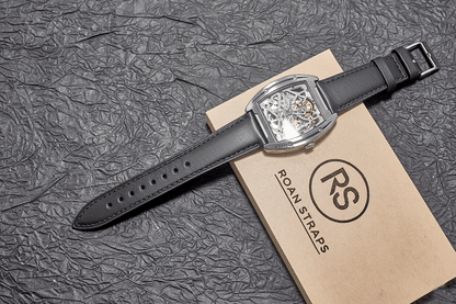 ROAN Straps | Black Italian Leather Watch Strap with Silver Pin Buckle - Handmade Artisanal Watch Band (20mm 22mm 24mm)