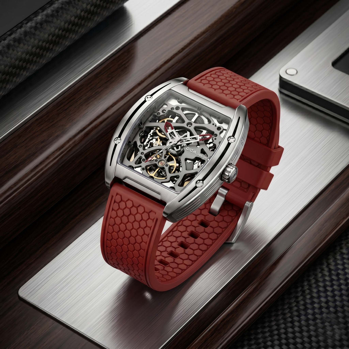 ROAN Straps | Rotes High-End FKM Fluorelastomer Uhrenarmband – Fischgrätmuster-Belüftungsdesign – Atmungsaktives und wasserdichtes Uhrenarmband (19mm 20mm 21mm 22mm 24mm)