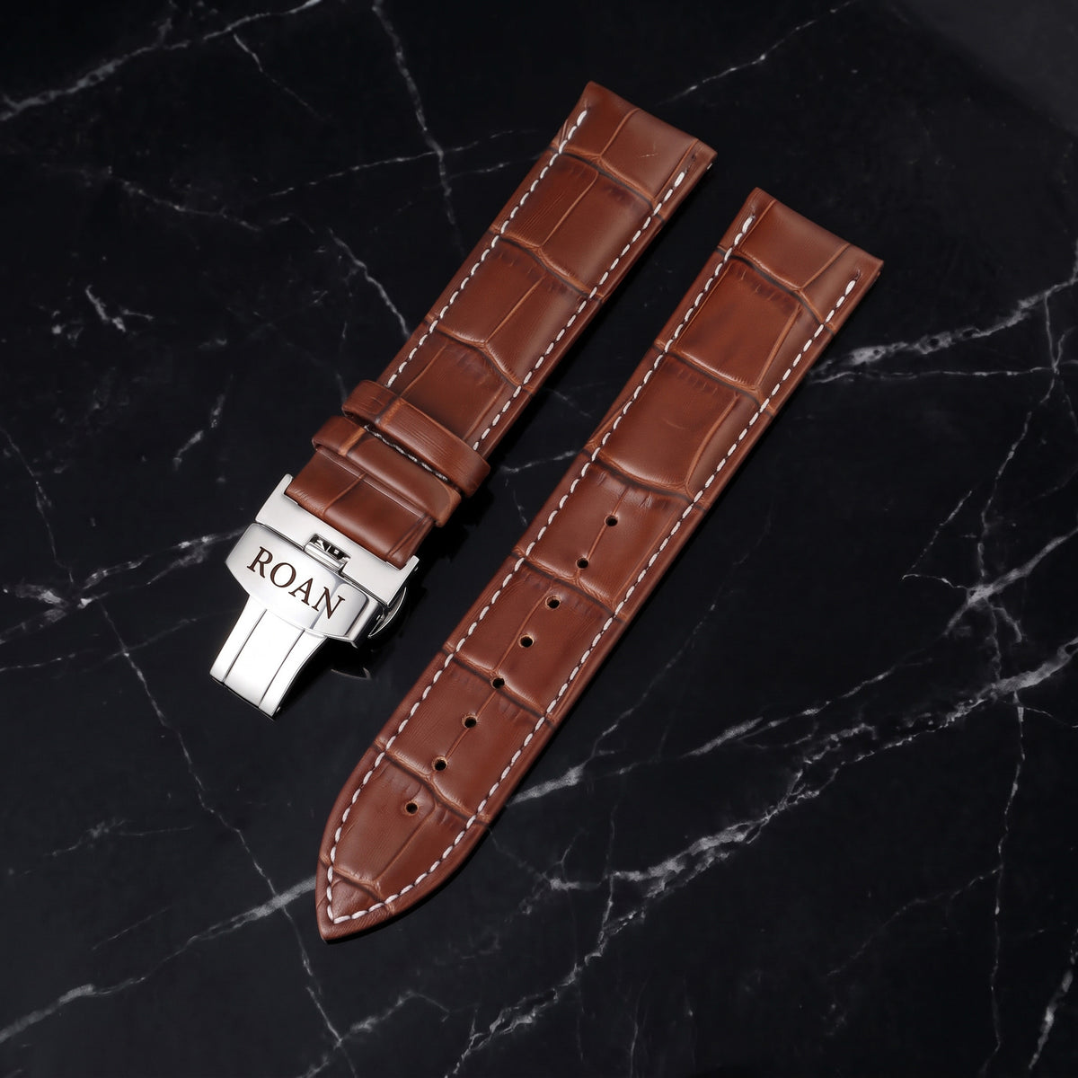 ROAN Heritage Alligator Grain Leather Strap with White Stitching & Deployant Clasp – 18mm 20mm 22mm 24mm