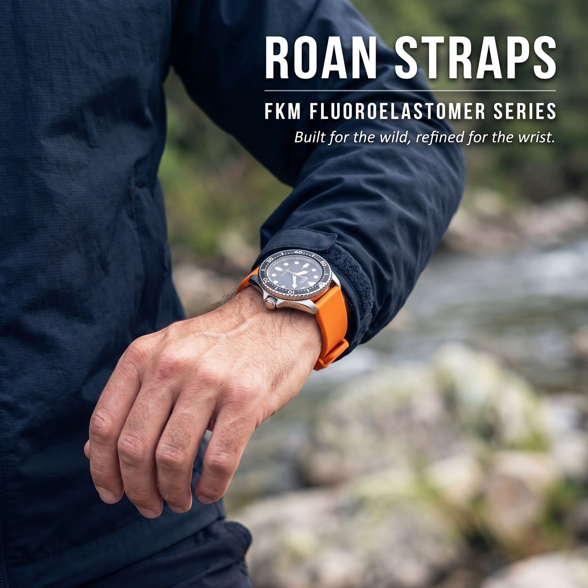 ROAN STRAPS | "Apex Velocity" Signal Orange High-Density FKM Rubber Watch Band with Liquid Silver Pure Titanium Buckle