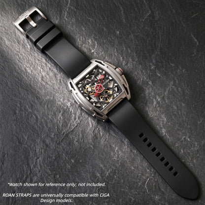 ROAN Straps | Schwarzes FMK Fluorkautschukarmband - Das klassische quadratische Lochdesign - Wasserdichtes und schweißbeständiges Fluorkautschuk-Uhrenarmband (19mm 20mm 21mm 22mm 23mm 24mm)