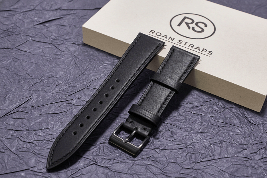 ROAN Straps | Black Italian Leather Watch Strap with Silver Pin Buckle - Handmade Artisanal Watch Band (20mm 22mm 24mm)