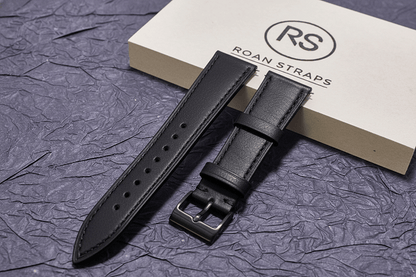 ROAN Straps | Black Italian Leather Watch Strap with Silver Pin Buckle - Handmade Artisanal Watch Band (20mm 22mm 24mm)