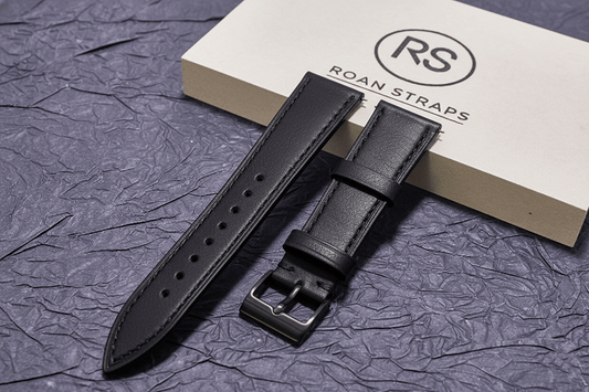 ROAN Straps | Black Italian Leather Watch Strap with Silver Pin Buckle - Handmade Artisanal Watch Band (20mm 22mm 24mm)
