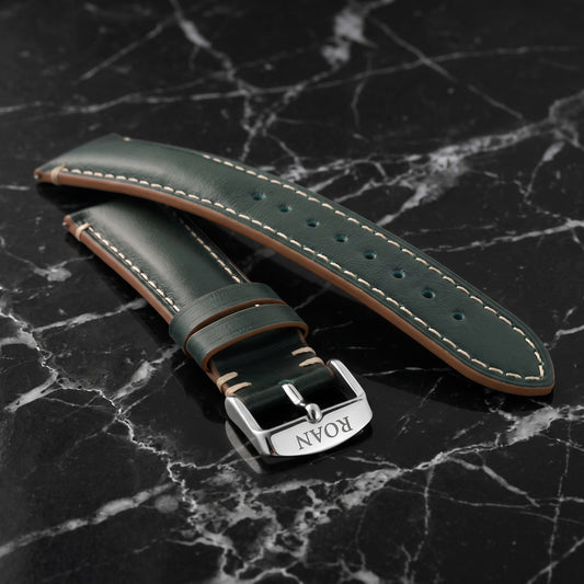 ROAN Vintage Forest Green Leather Watch Strap - Handstitched Italian Calfskin Band with 316L Stainless Steel Buckle