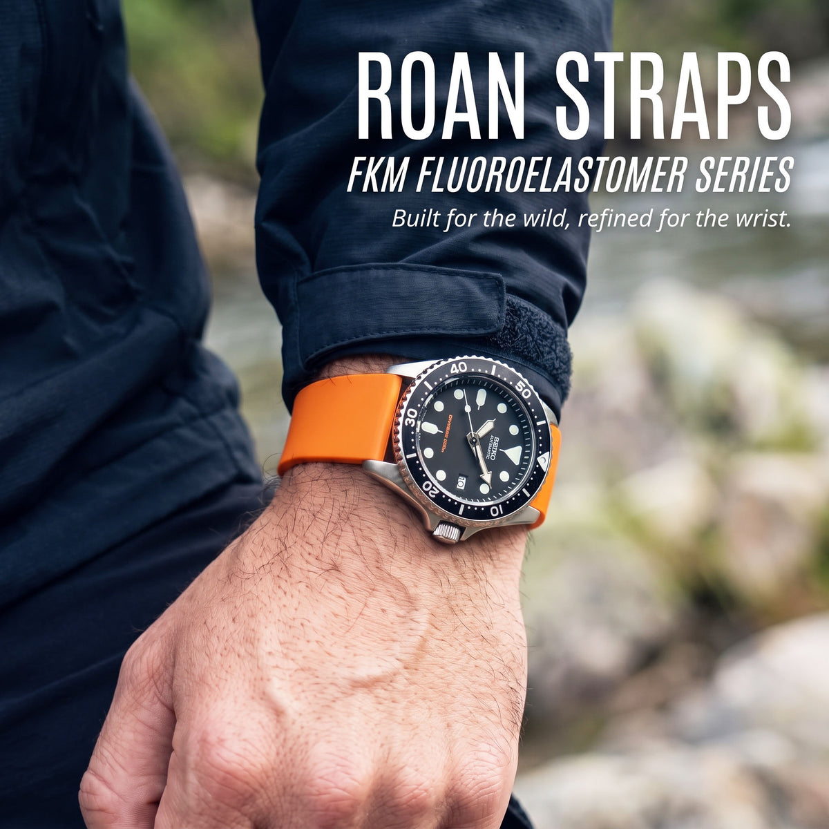 ROAN STRAPS | "Apex Velocity" Signal Orange High-Density FKM Rubber Watch Band with Liquid Silver Pure Titanium Buckle