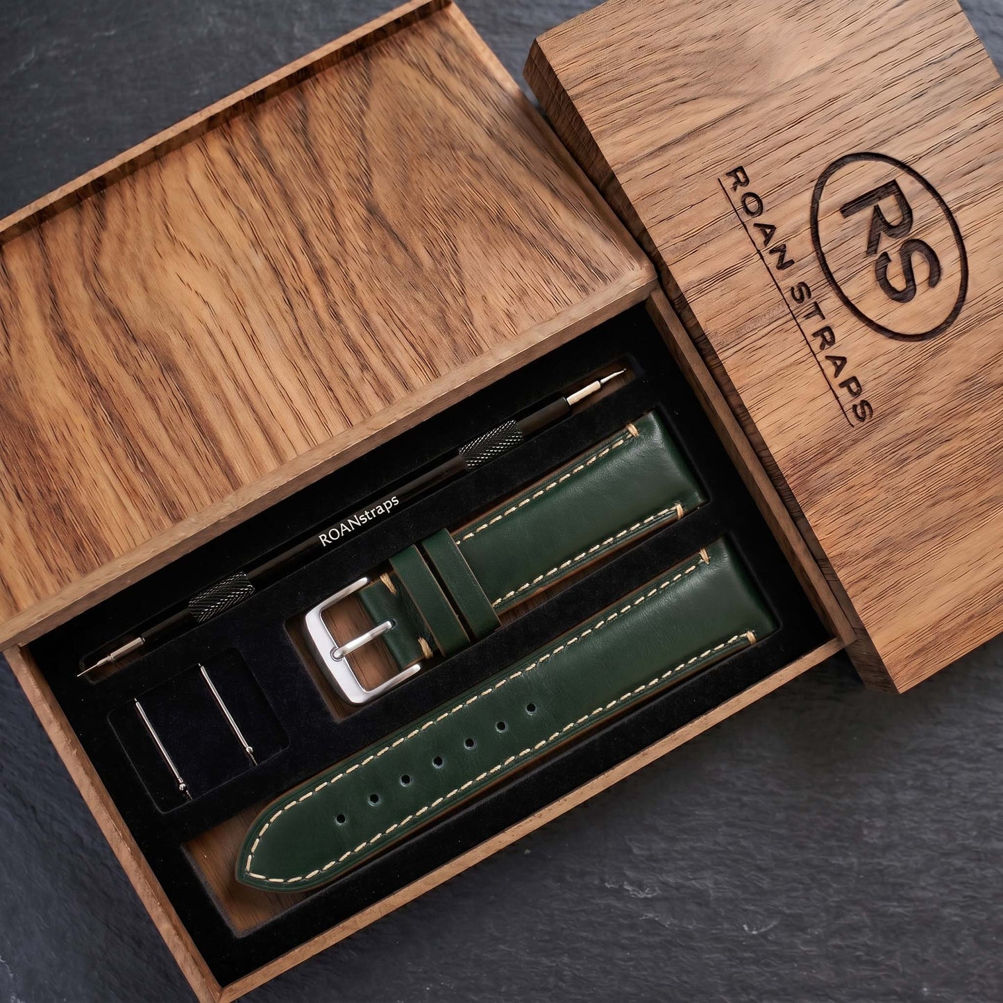 ROAN Vintage Forest Green Leather Watch Strap - Handstitched Italian Calfskin Band with 316L Stainless Steel Buckle