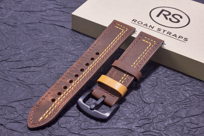 ROAN Straps  |  Genuine Leather Watch Strap - Vintage Dark Brown with Yellow Contrast Stitching(18mm 19mm 20mm 21mm 22mm 24mm)