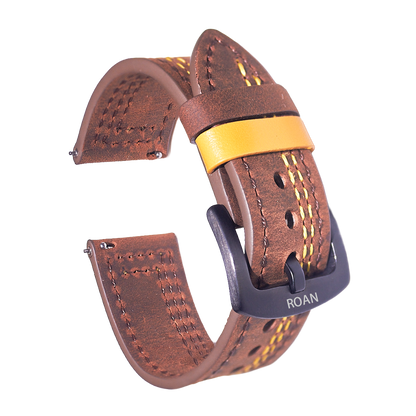 ROAN Straps  |  Genuine Leather Watch Strap - Vintage Dark Brown with Yellow Contrast Stitching(18mm 19mm 20mm 21mm 22mm 24mm)