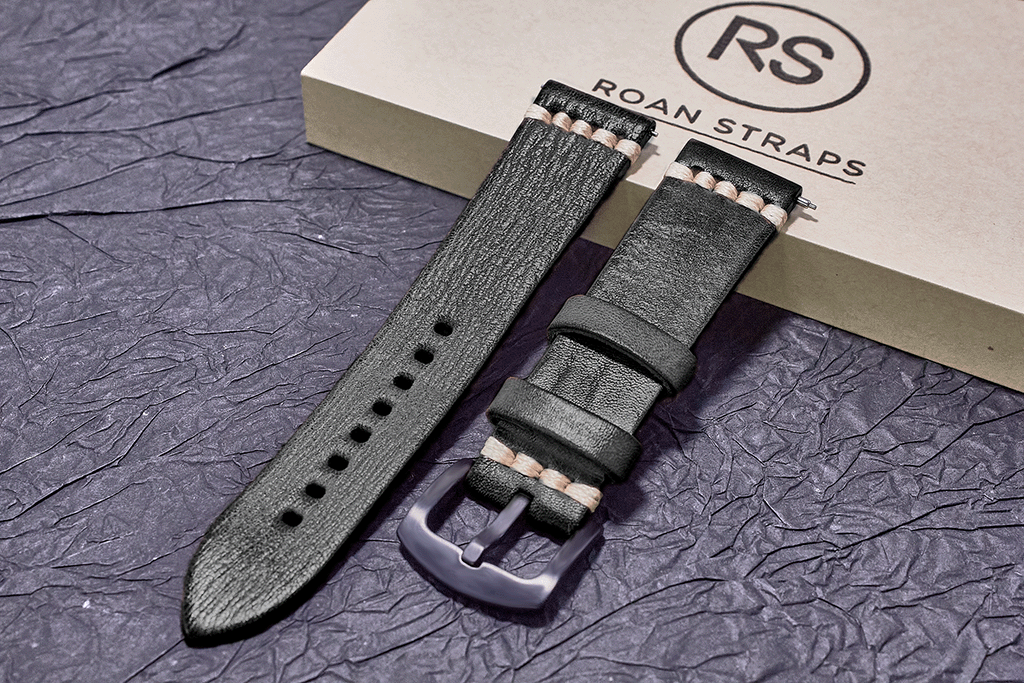 ROAN Straps | Black Italian hand-tanned cowhide watch strap - Retro rugged style (20mm 22mm 24mm)