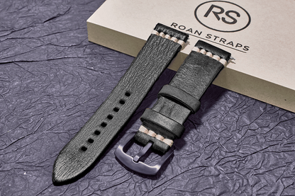 ROAN Straps | Black Italian hand-tanned cowhide watch strap - Retro rugged style (20mm 22mm 24mm)