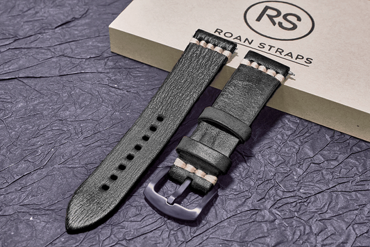 ROAN Straps | Black Italian hand-tanned cowhide watch strap - Retro rugged style (20mm 22mm 24mm)
