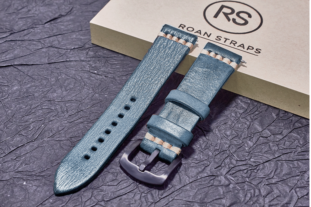 ROAN Straps | Blue Italian hand-tanned cowhide watch strap - Retro rugged style (20mm 22mm 24mm)