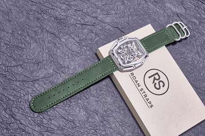 ROAN Straps | Handmade  Green Italian Leather Watch Strap with Silver Pin Buckle - Retro rugged aesthetic design(18mm 20mm 22mm)