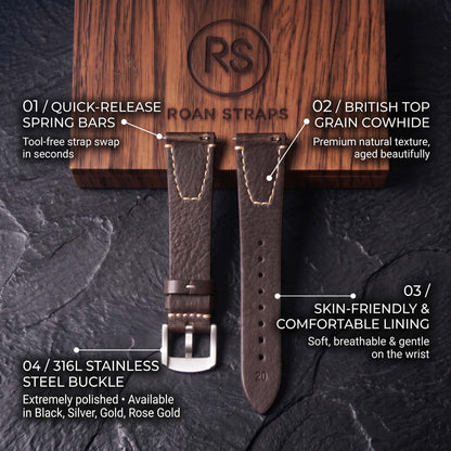 ROAN Straps  |  Dark Brown Crazy Horse Leather Watch Strap - Genuine Vintage Pull-up Leather Strap（18mm 20mm 22mm 24mm)