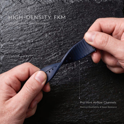 ROAN STRAPS | "AeroTrack" Navy Blue High-Density FKM Rubber Watch Band with Liquid Silver Pure Titanium Buckle