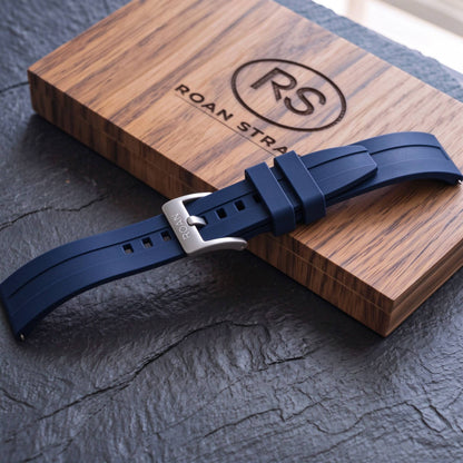 ROAN STRAPS | "AeroTrack" Navy Blue High-Density FKM Rubber Watch Band with Liquid Silver Pure Titanium Buckle