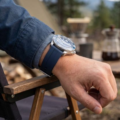 ROAN STRAPS | "AeroTrack" Navy Blue High-Density FKM Rubber Watch Band with Liquid Silver Pure Titanium Buckle