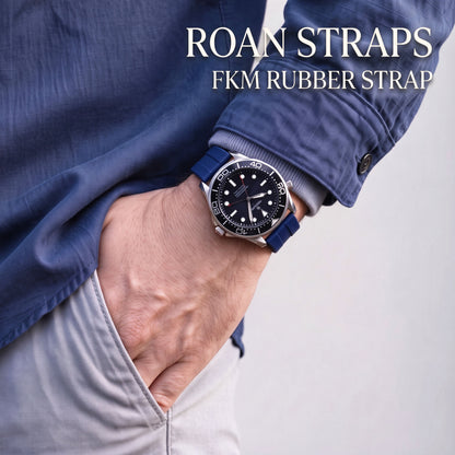 ROAN STRAPS | "AeroTrack" Navy Blue High-Density FKM Rubber Watch Band with Liquid Silver Pure Titanium Buckle