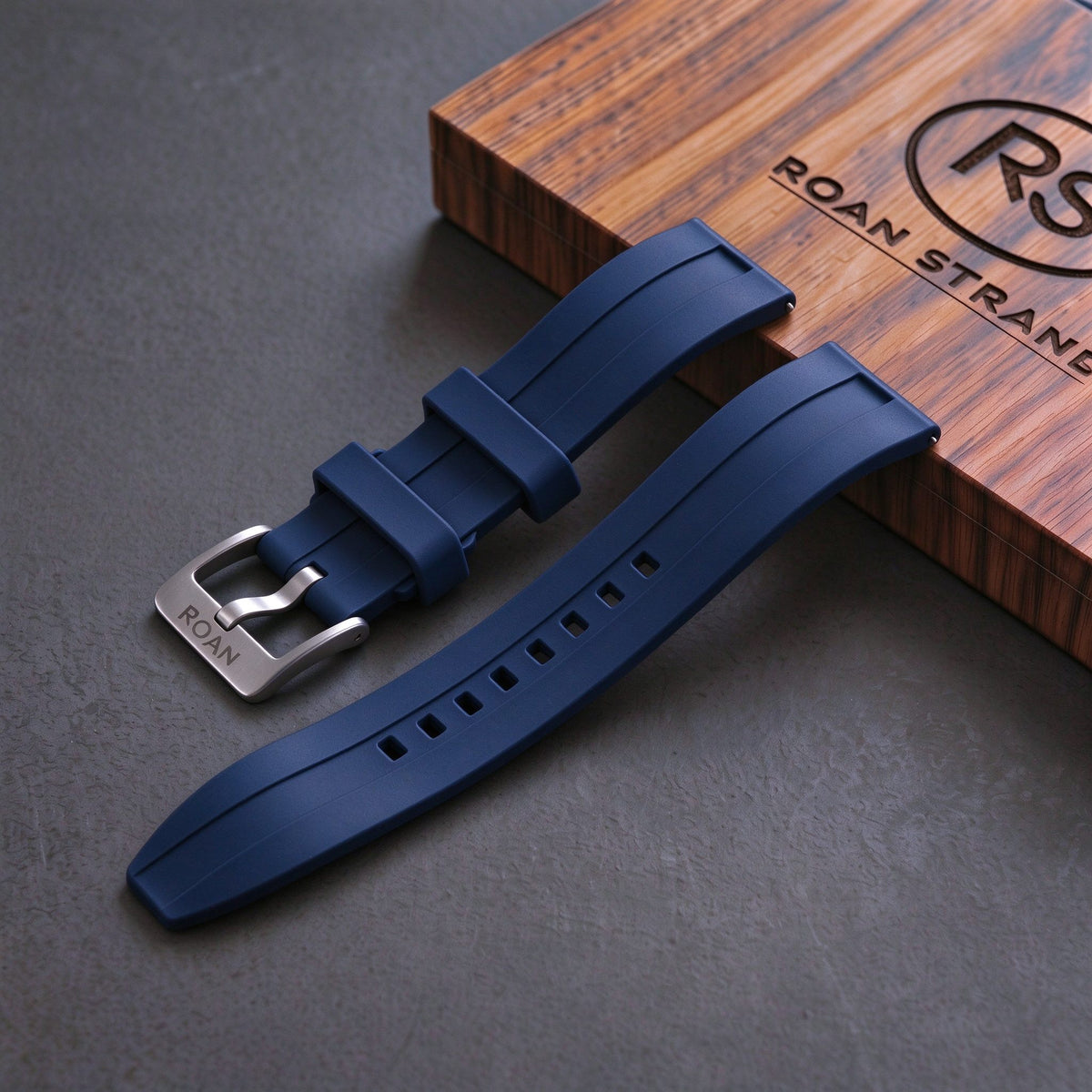 ROAN STRAPS | "AeroTrack" Navy Blue High-Density FKM Rubber Watch Band with Liquid Silver Pure Titanium Buckle