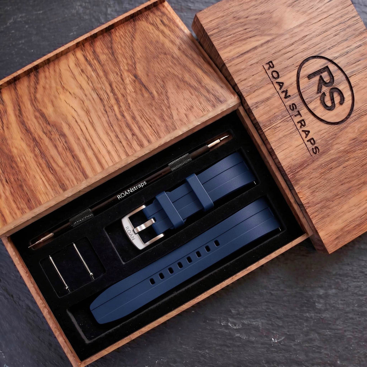 ROAN STRAPS | "AeroTrack" Navy Blue High-Density FKM Rubber Watch Band with Liquid Silver Pure Titanium Buckle