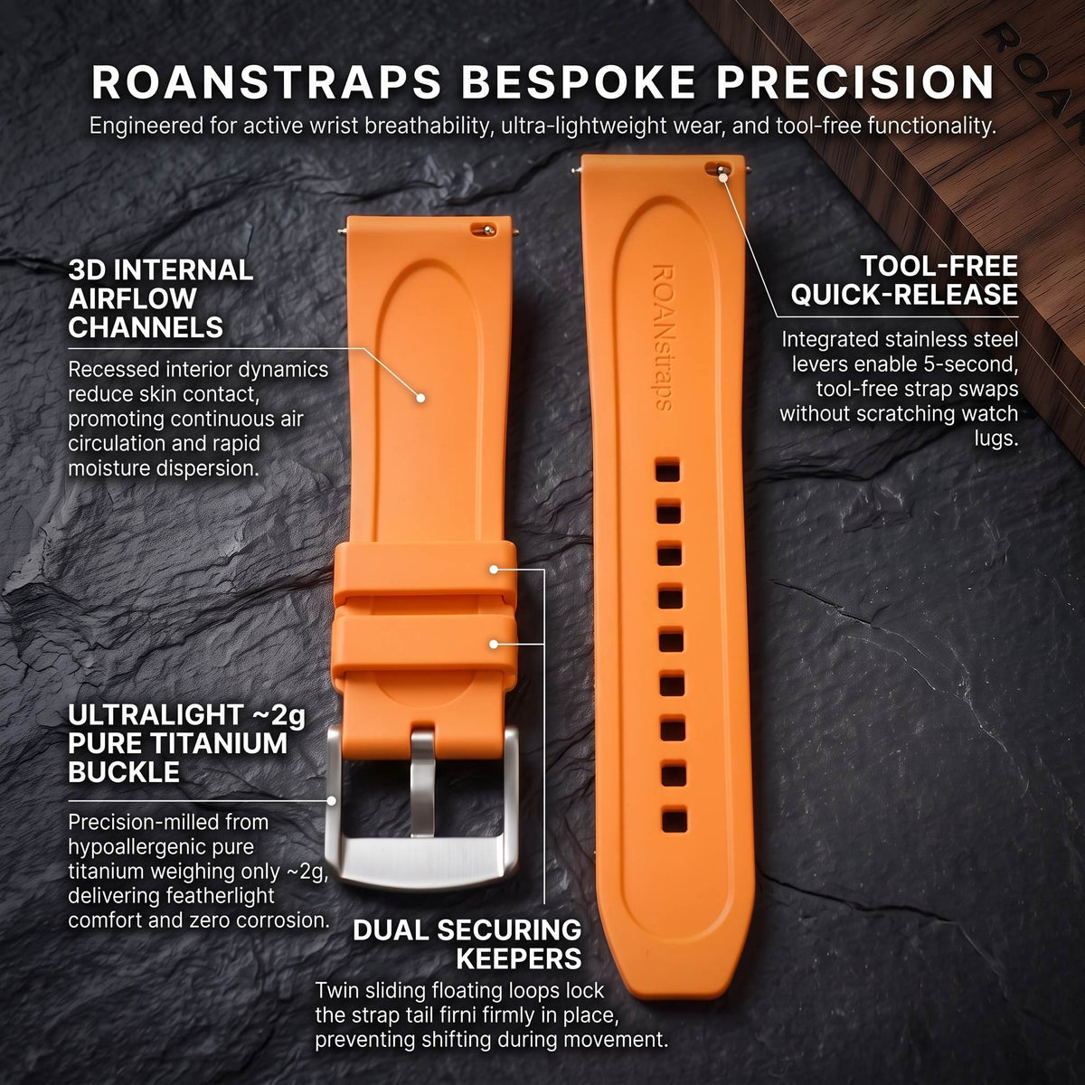 ROAN STRAPS | "Pro-Vent" Solar Orange High-Density FKM Rubber Watch Band with Pure Titanium Buckle
