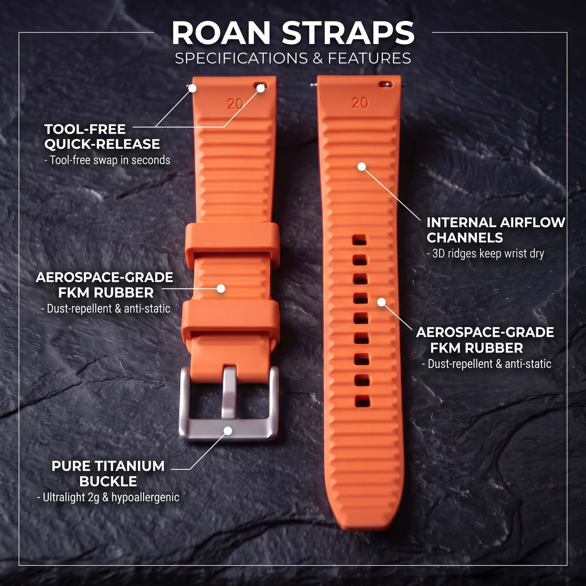 ROANSTRAPS AeroTrack - Signal Orange FKM Rubber Watch Band with Pure Titanium Buckle (20mm/22mm/24mm)